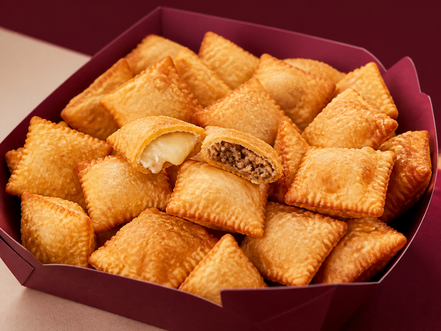 Mini pastéis quadradinhos e dourados com recheio aparecendo